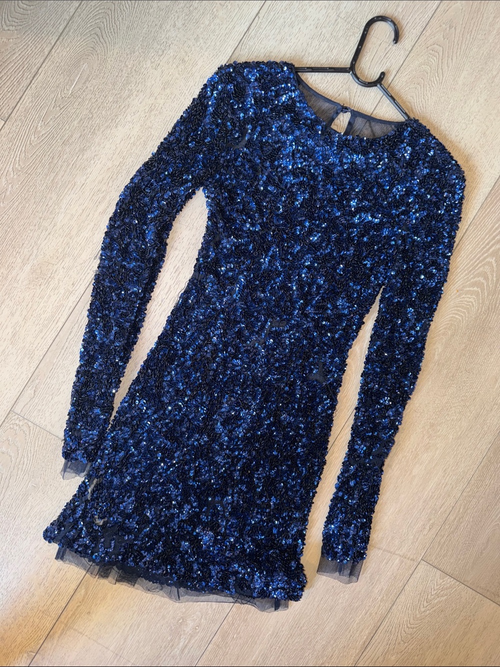 Mango Navy Blue Long-Sleeve Sequin Dress
